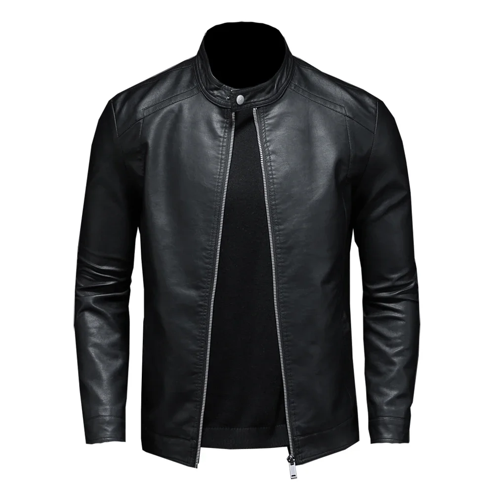 Chaqueta ajustada de cuero para motocicleta para hombre, chaqueta de cuero PU con cuello Vertical, chaqueta de gamuza para motocicleta, moda