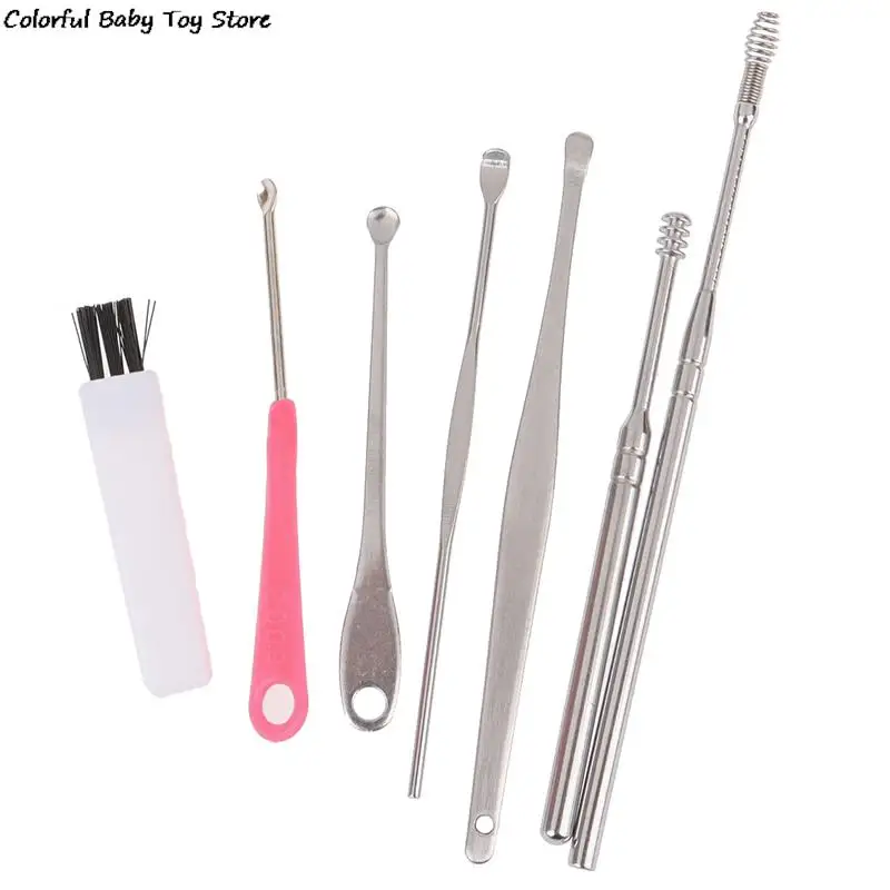 7Pcs/set Ear Wax Pickers Stainless Steel Earpick Wax Remover Curette Ear Pick Cleaner Ear Cleaner Spoon Care Ear Clean Tool