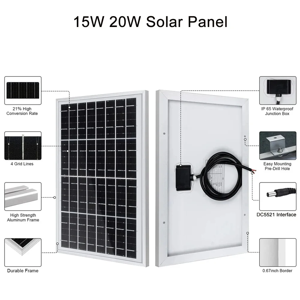 Gaiaray 18V 7W 10W 15W 20W Solar Panel Monocrystalline PV Panel Waterproof Portable Solar Panels With DC5521 Cable for Camping