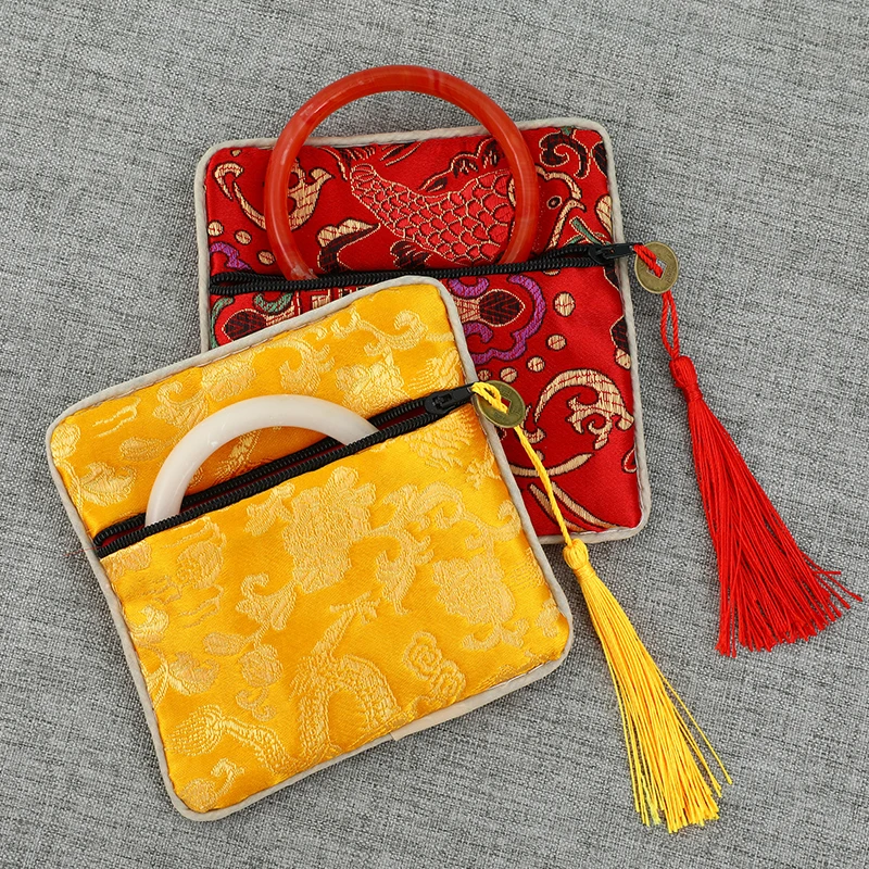 Custom 50pcs Zipperd Dragon Jewelry Gift Bags Small Chinese Silk Brocade Pouch Wholesale Vintage Coin Purses for Women