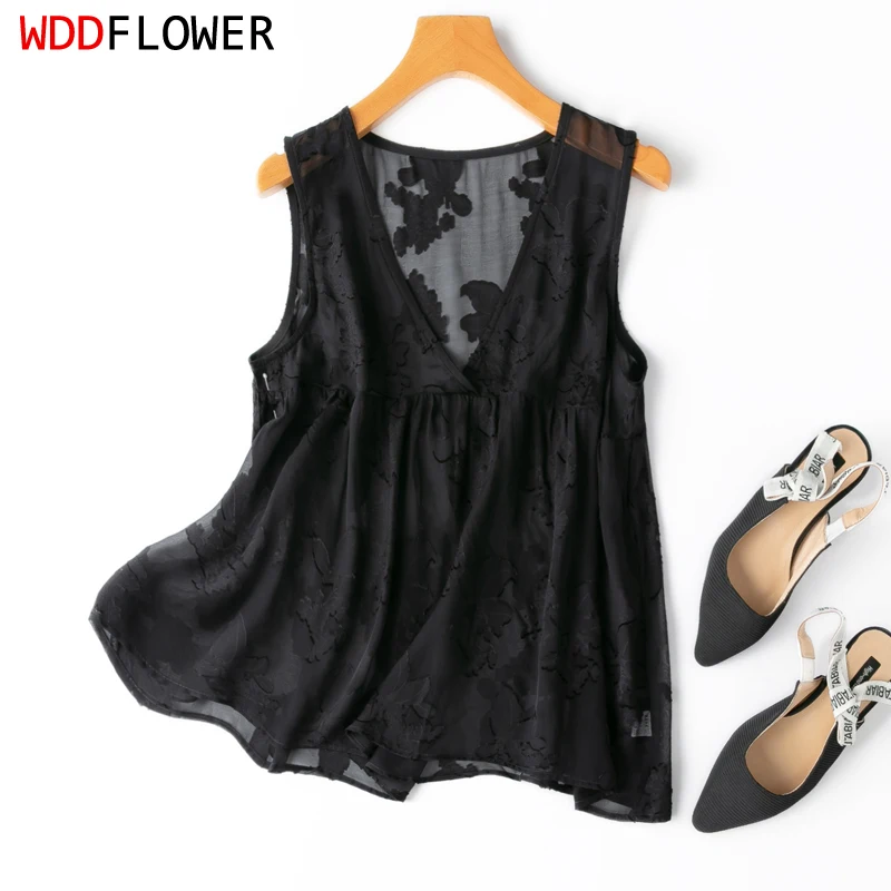 Women Silk Tank Top 100% Mulberry Silk Embroidery Loose Type Thin Black Color V Neck Vest Sleeveless Top Summer Beach M1124