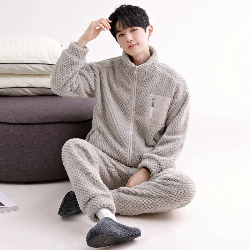 Gentleman Loose Large Size Can Be Worn Outside Flannel Thickening in Autumn Winter Set Teenager Coral Fleece Loungewear Pajamas