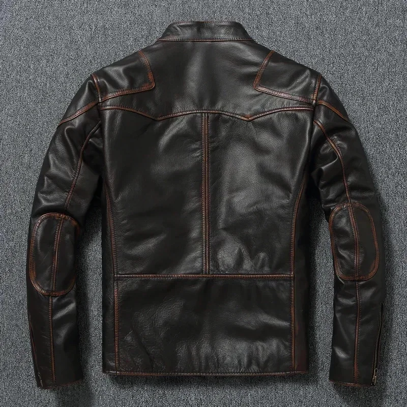 Vintage Genuine Cowhide Leather Jacket for Men Retro Motorcycle s Standing Collar