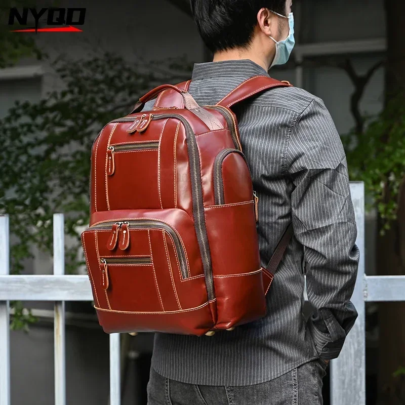 Fashion Men Backpack Vintage Leather Backpack Hot Multifunction Leather School Bag Neutral Large Travel Backpack Daypack Men