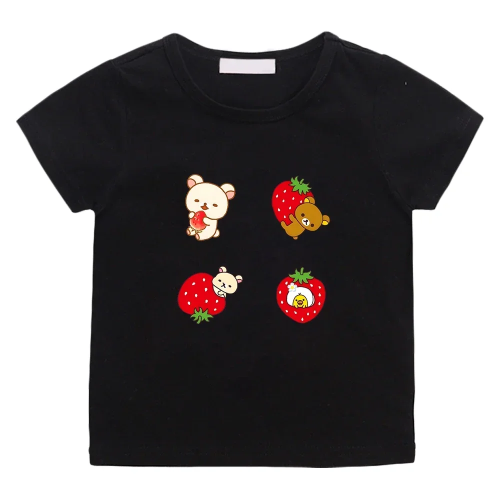 Kiiroitori Yellow Chick Strawberry T-shirts Rilakkuma and Korilakkuma Bear Tee-shirt Kawaii Graphic Printing Tshirts 100% Cotton
