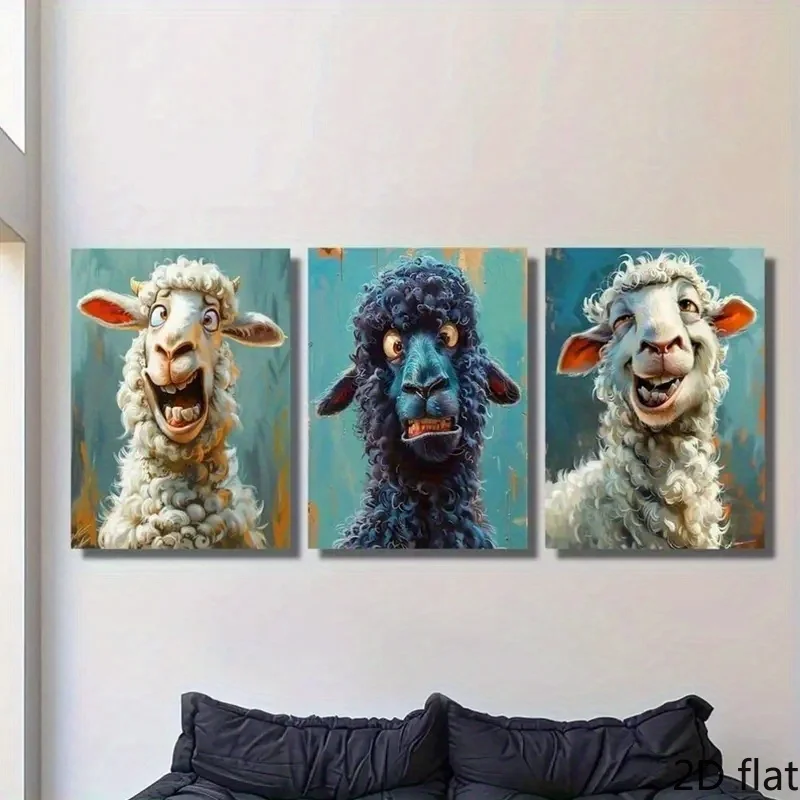 （NoFranme 3PCS）-2D Flat, 3pcs of 2D Flat Romantic Sheep Canvas Art Prints, Lively and Smiling Sheep, Modern Mural Decoration,