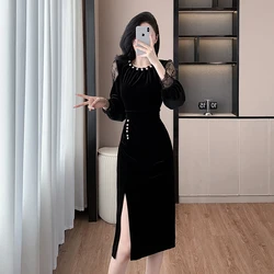 2024 Autumn New Black Vintage Velvet Midi Dresses Elegant Fashion Party Long Sleeve Female Clothing Luxurious Evening Dresses