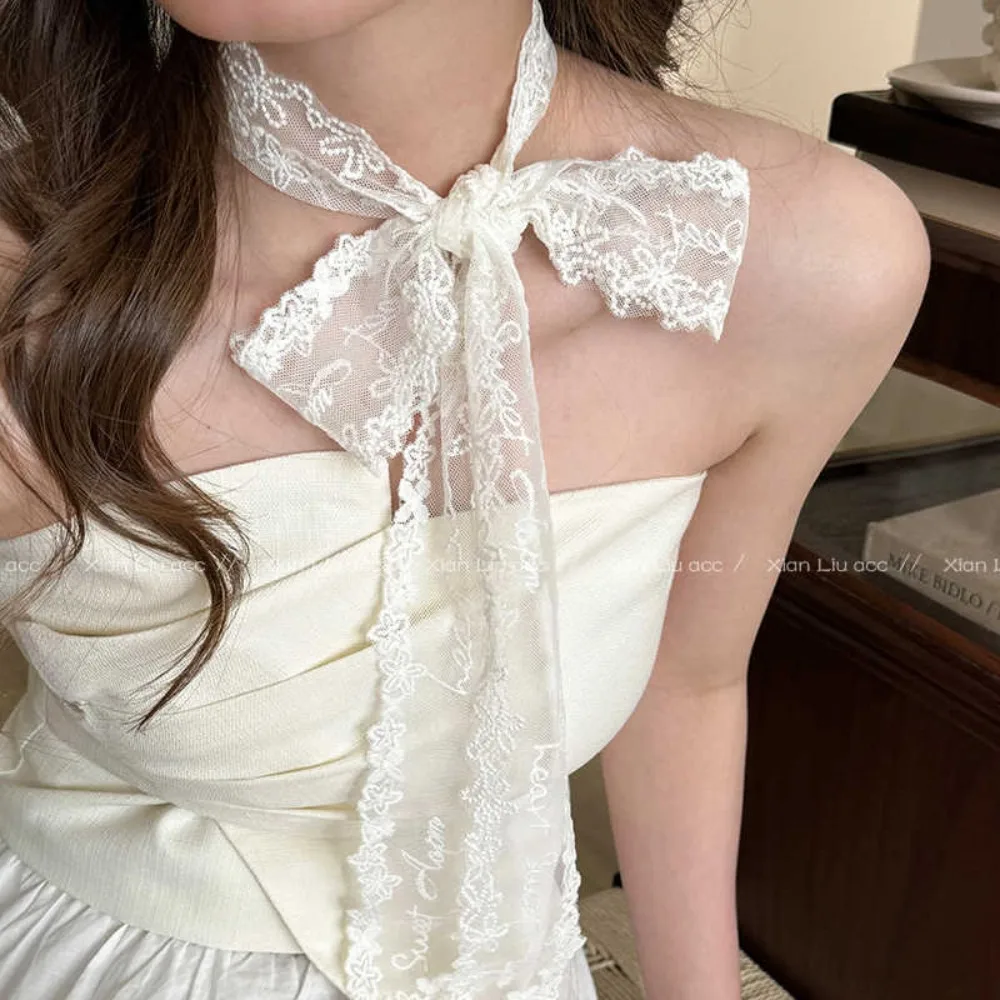 Lace Long Neck Scarf Necklace Women's High Luxury 2025 New Spring Summer Decoration Hair Tie Ribbon Headband Accessories