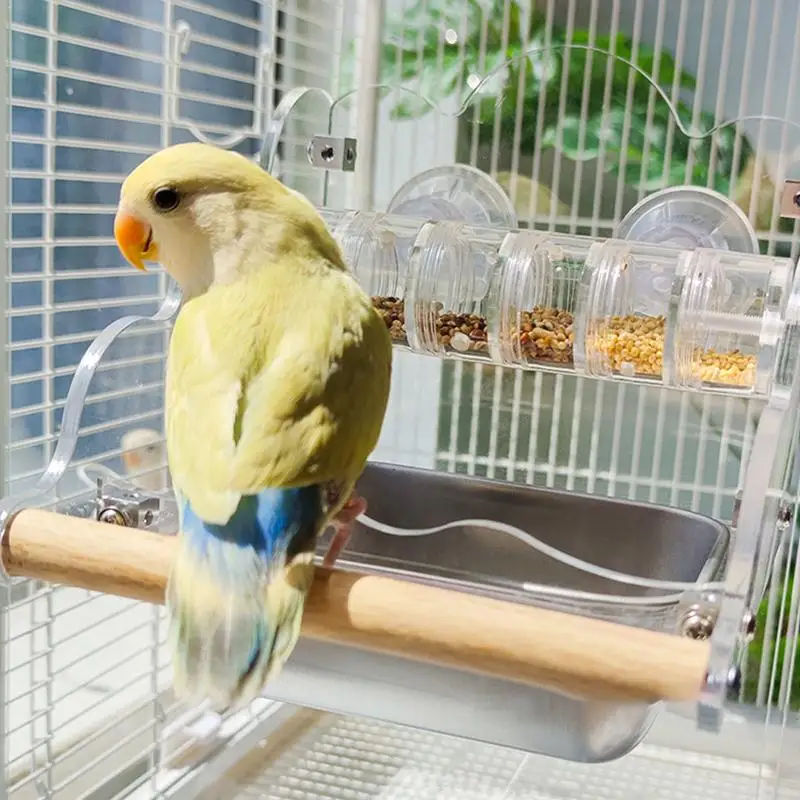 

Bird Cage Feeder Splash Proof Bird Bowls Parakeet Feeder Clear Acrylic Parrot Feeder With Perch Food Dispenser Bird Food Bowl