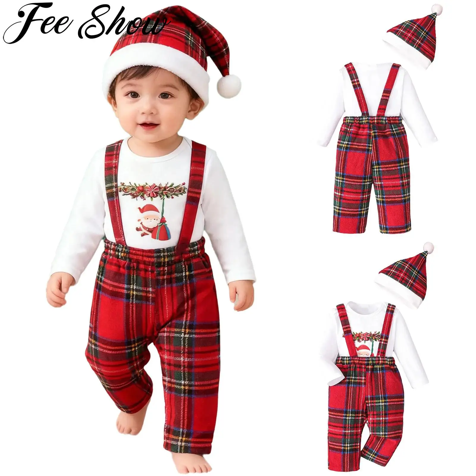 

Baby Boys Girls Christmas Outfits Long Sleeve Santa Claus Print Rompers with Plaid Overalls Hat Infant Clothes for Holiday Party