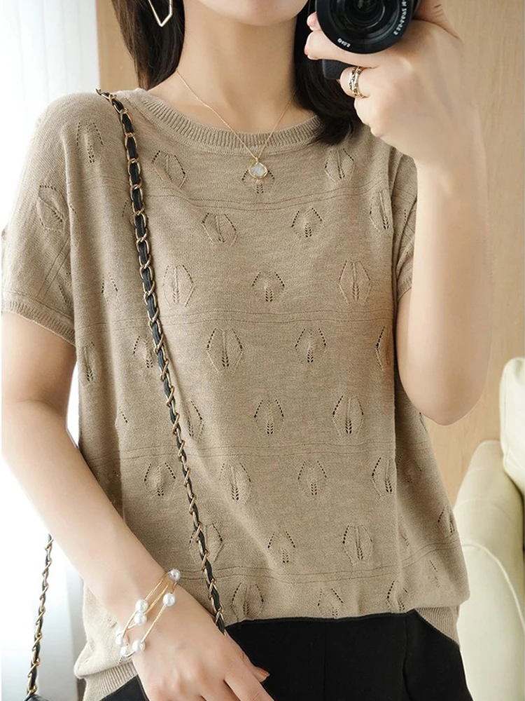 

Summer Short Sleeve Women knitted Thin Sweater Female Hollow Out O-neck Pullover Top Ladies Solid Loose Casual Jumpers 2024