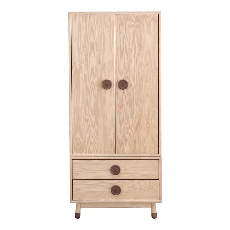 

Nordic ash wood children's wardrobe, simple solid wood storage cabinet with black walnut buttons