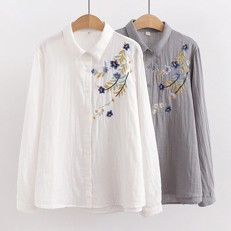 Women\'s shirt embroidery blouses for women fashion 2024 long sleeve lapel white gray basic shirts cotton summer clothes