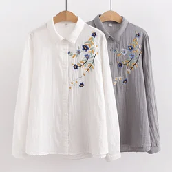 Women's shirt embroidery blouses for women fashion 2024 long sleeve lapel white gray basic shirts cotton summer clothes