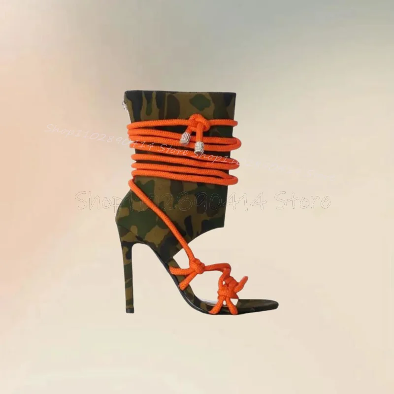 Orange Knitted Rope Camouflage Print Sandals Boots Back Zipper Women Shoes Thin High Heels Novel Party 2024 Zapatos Para Mujere