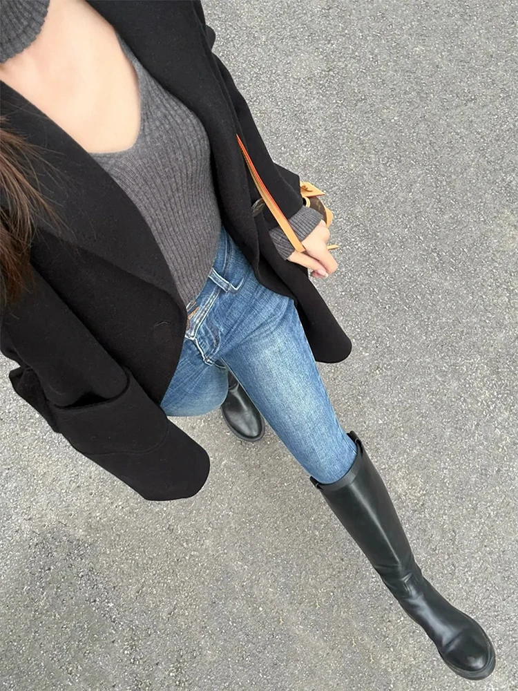 Dżinsy damskie slim fit z wysokim stanem, do pracy, jesień-zima 2025, nowe, podarte, o długości do kostek, typu pencil pants, w stylu amerykańskim...