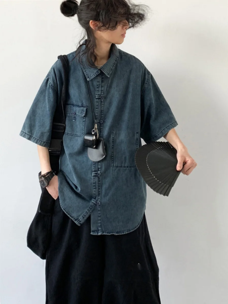 

Retro Japanese Sle Men's ort Sve Denim irt 2024 New Couple's Outerwear Loose Fit Regular Thin arp Collar