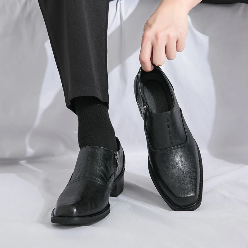 Men Derby Shoes Square Head Classic Fashion Busines Loafers Dress Leather Shoes Black Slip-On Moccasins Casual Zipper High Heels