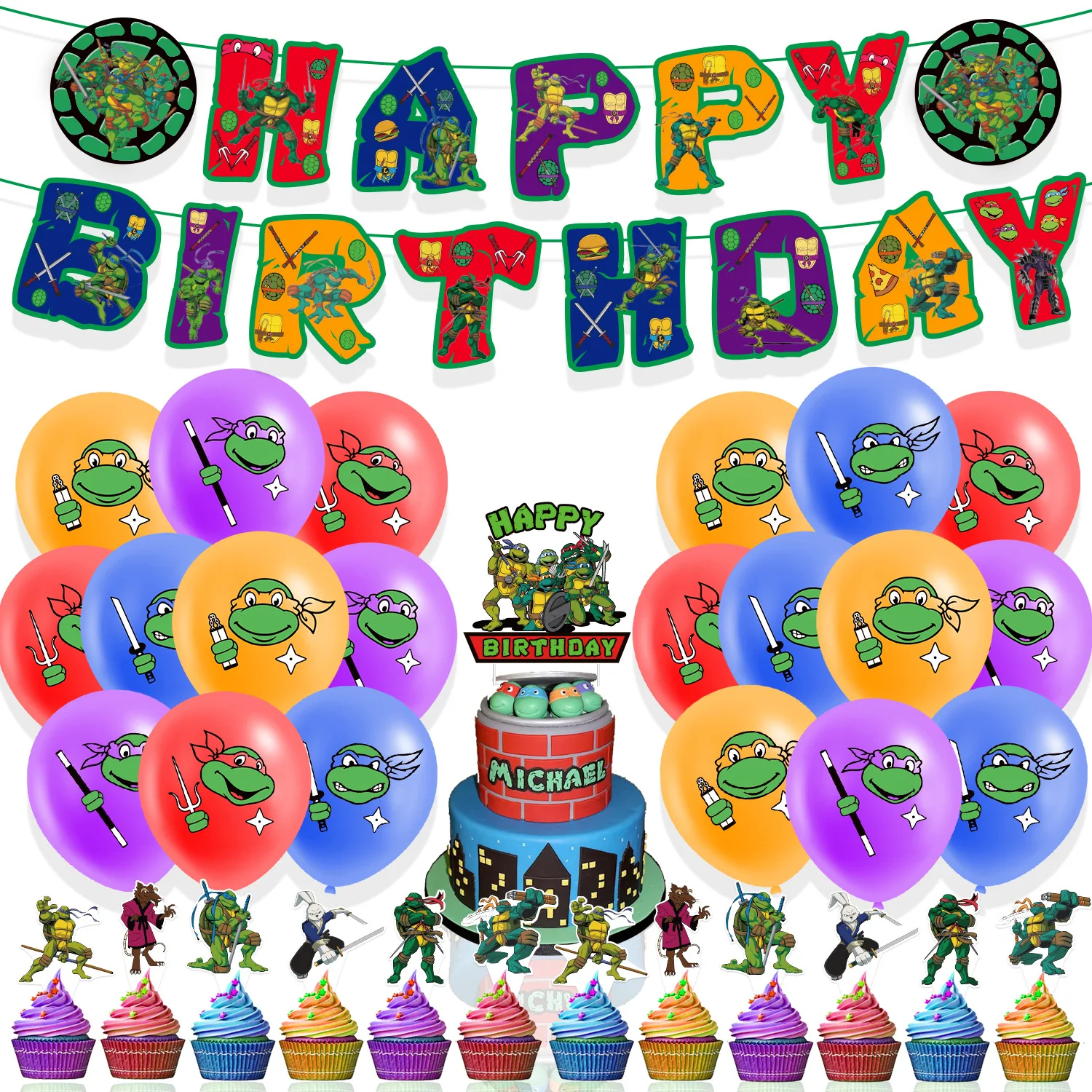 Hot Teenage Mutant Ninja Turtles Birthday Party Disposable Banner Cake Topper Hanging Flag Balloons Set Birthday Decorations