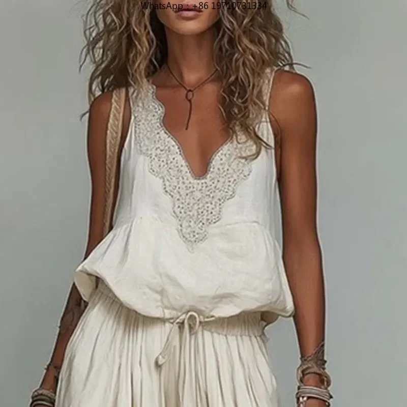 Women 2 Piece Set Sleeveless Lace Deep V Neck Tank Top Drawstring Waist Wide Leg Pants Summer Beach Casual Outfit