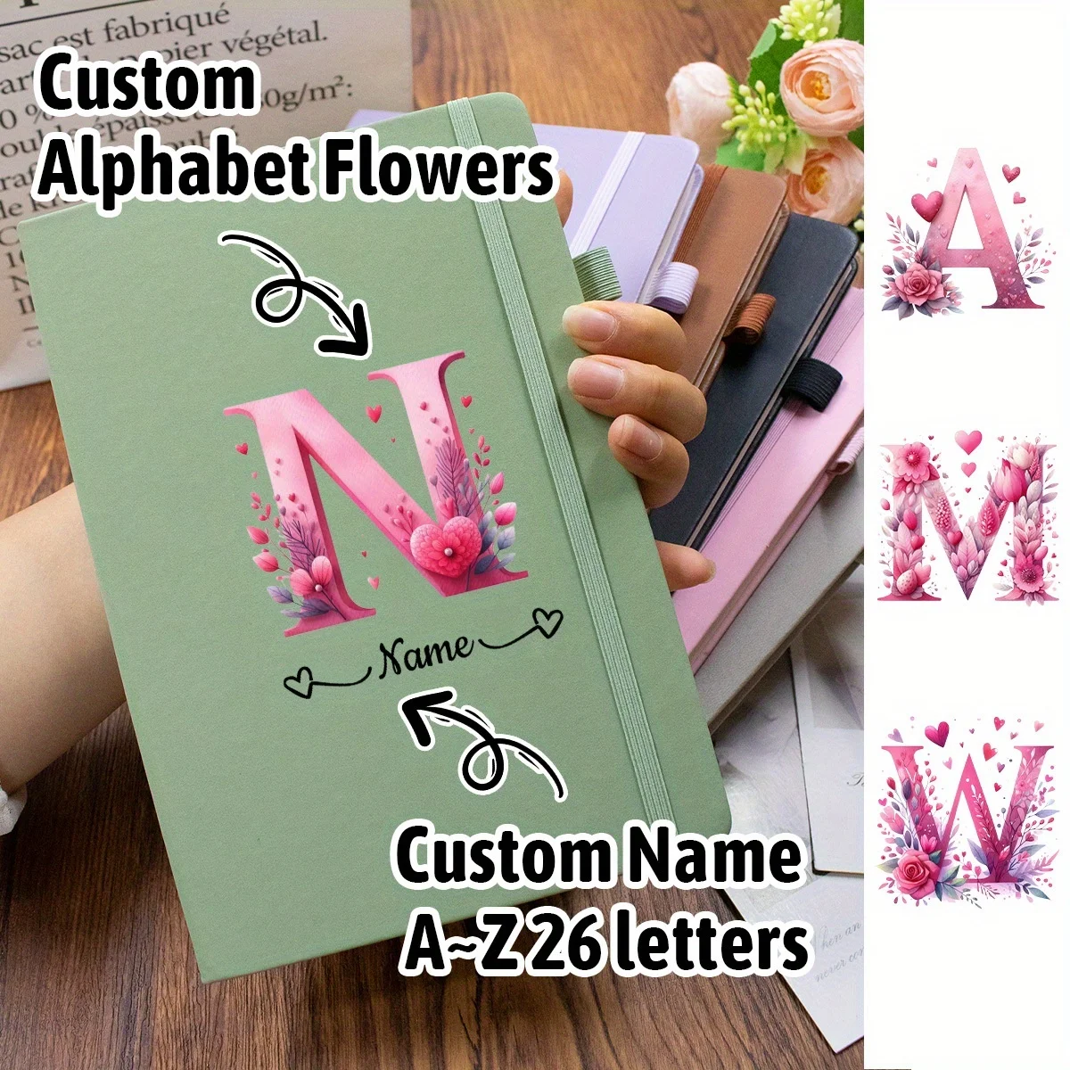 Custom Journal with Alphabet Flowers, Personalized Name Notebook, Customized Journal for Women, Notebooks for Work