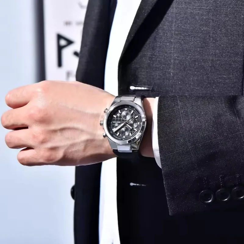 BENYAR 5206 Классические модные новые мужские часы Кварцевые роскошные светящиеся хронографы Водонепроницаемые кожаные мужские деловые часы с календарем