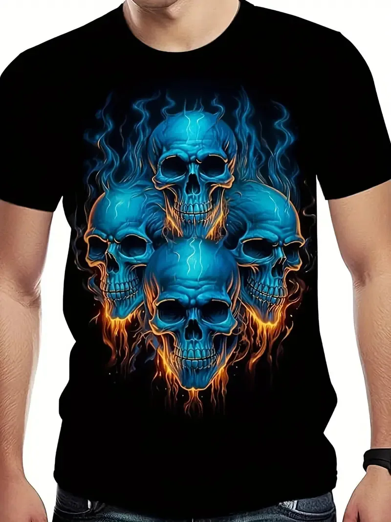 

1pc Men's 3D Printed Skull Graphic T-Shirt - Black Tee with Blue & O 3D printed men's complaint quick drying T-shirt