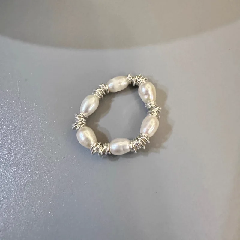 925 Sterling Silver Open Finger Ring Pearl Black Bead Elastic Irregular Punk Stackable For Women Jewelry Gift Dropship Wholesale