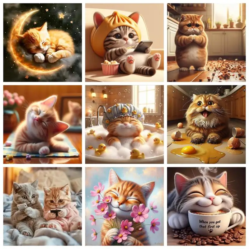

CHENISTORY Diamond Mosaic Cross Embroidery Kit Cute Cat 5D DIY Diamond Painting Animals Pictures Bedroom Decoration