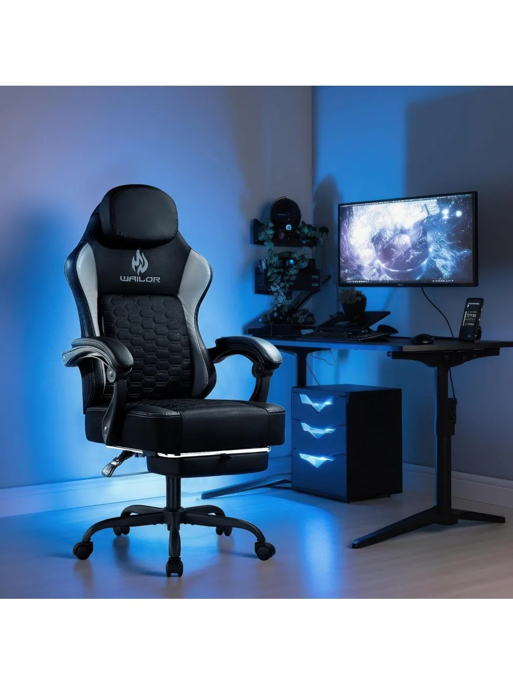 كرسي ألعاب مع وسادة زنبركية للجيب، كرسي كمبيوتر لألعاب الفيديو مع مسند للقدمين للبالغين، كرسي جلدي عالي الظهر