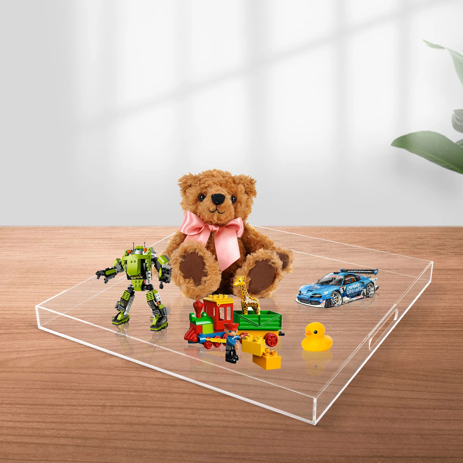 

Прозрачный акриловый сервировочный поднос с ручками, большой декоративный поднос размером 23,92x23,92 дюйма, универсальный органайзер для столешницы