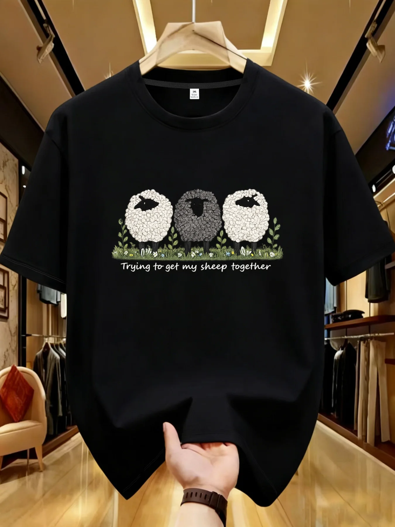 

【YJ00034】Three sheep Plus size women's round neck short sleeve T-shirt with elastic half sleeves and trendy prints