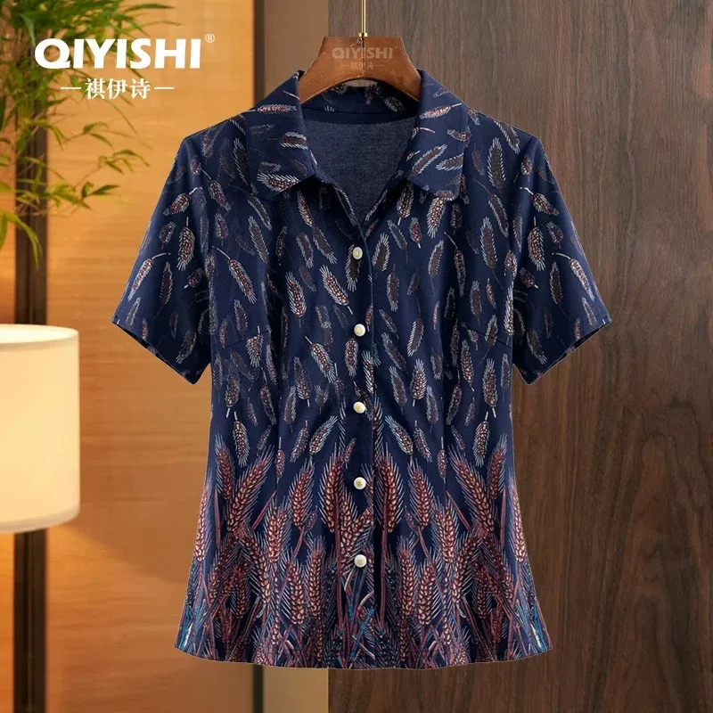 Fashion Womens Blue Short Sleeve Stretchy Knitted Shirt Wheat Patterns Printed Top Spring Summer Retro Causal Blouses