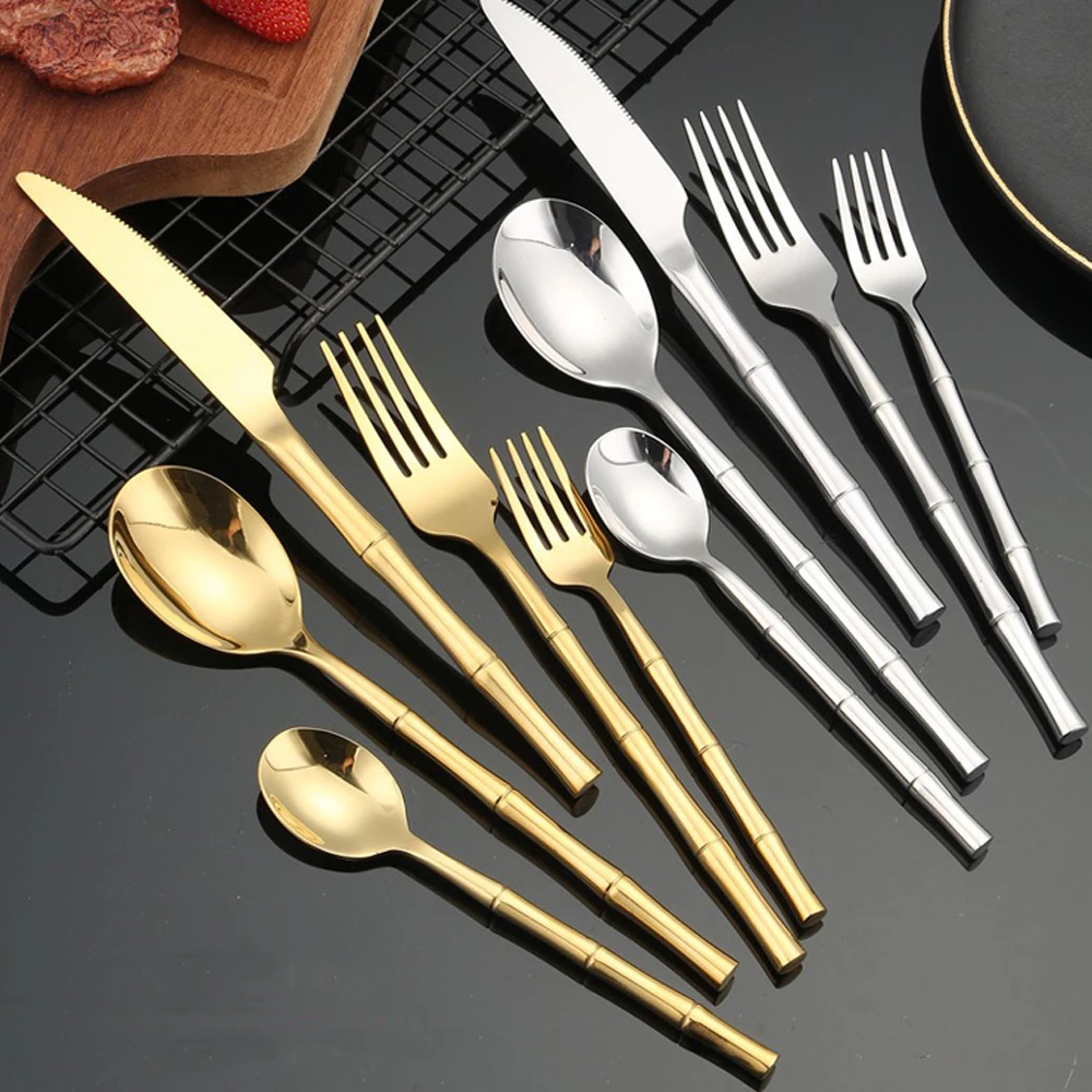 18/10 Cutlery Set Stainless Steel Steak Knife Fork Bamboo Design Golden Dinnerware Set Silver Flatware Set For 4/6