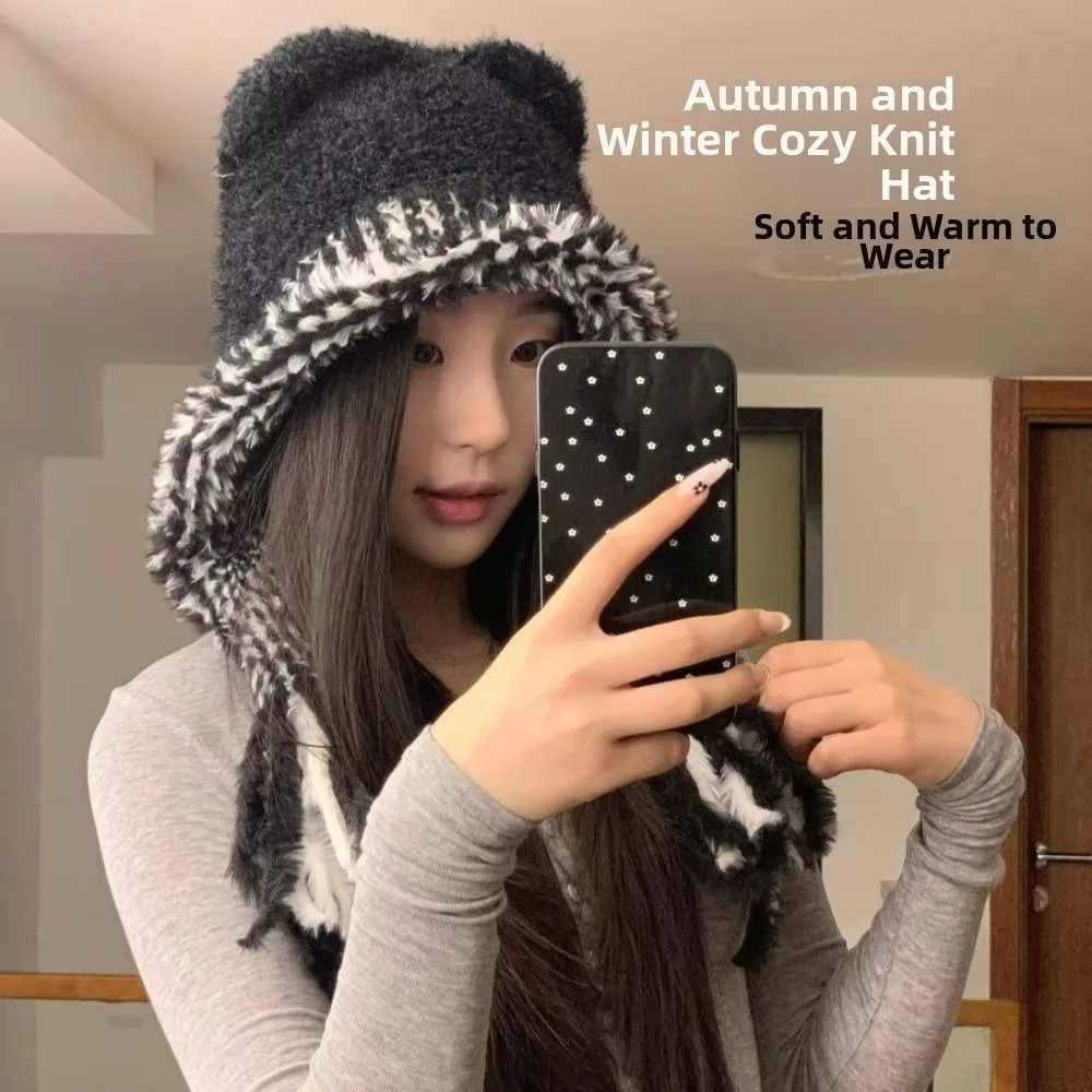 

Sweet Cat Ears Ear Protection Hat Soft Korean Style Winter Pullover Hats Strap Design Keep Warm Knitted Warm Hat Girls