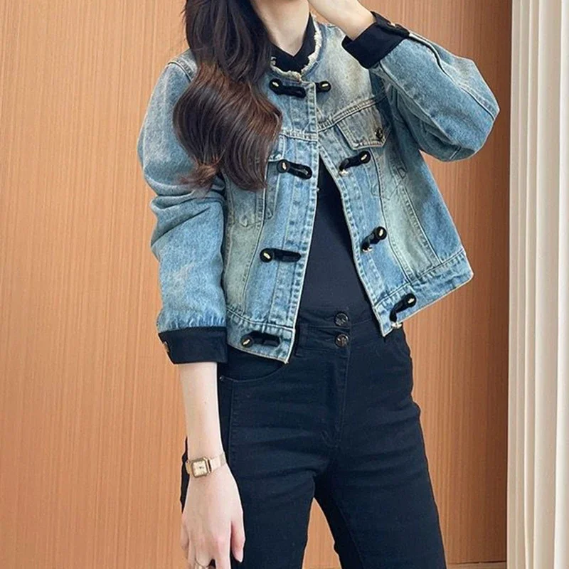 

Retro denim jacket female 2024 new autumn casual temperament fashion buckle new Chinese Joker fashion temperament jacket