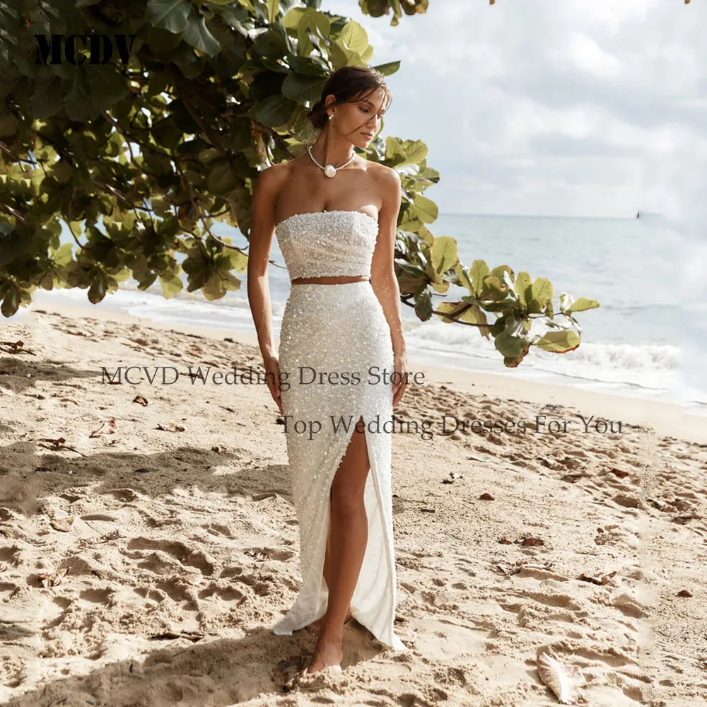 

MCDV Beaded Mermaid Wedding Dresses Backless Mermaid Luxury Bride Gowns Customized Side Split Floor Length Sequined Corset