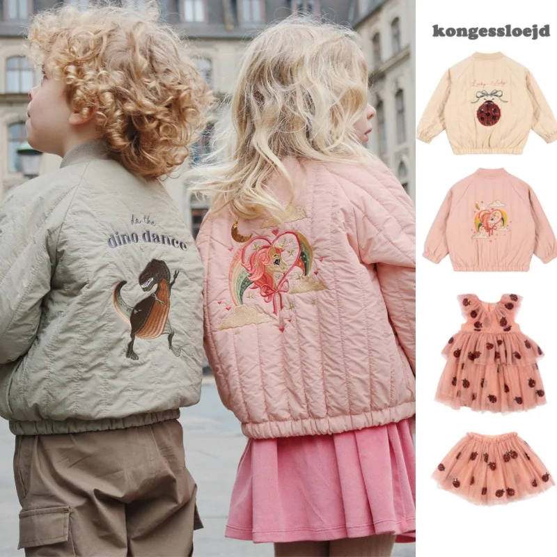 

Children's Jackets 2024 Winter New Cotton Cartoon Embroidery Pink Girls Jacket Mesh Sequins Girls Dresses Children's Clothing