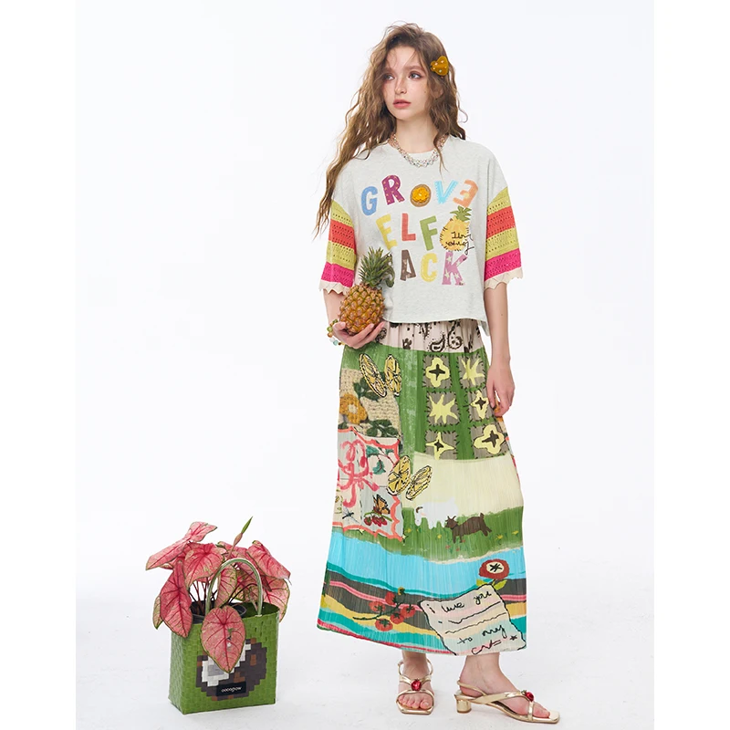 ELFSACK Women's Cropped Flare Sleeve Tee with Colorful Letter Pineapple Print, Fringe Trim Patchwork Cuff T-shirt for Summer