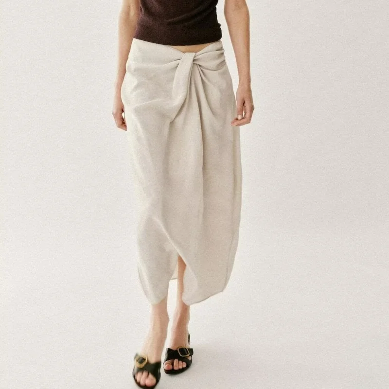 Summer 2026 New Pure Color Knot Design Midi Halter Skirt Women's Fashion Wrap Scarf Half-length A-line Skirts for Ladies