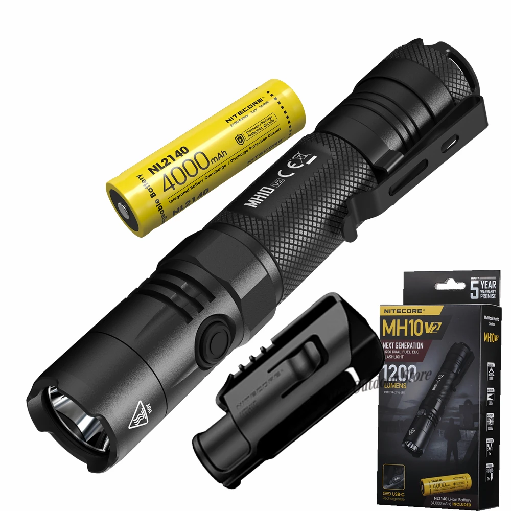 

21700 Dual Fuel EDC Flashlight NITECORE MH10 V2 USB-C Rechargeable 1200LM 202m Flashlight Built-in NL2140 4000mAh battery