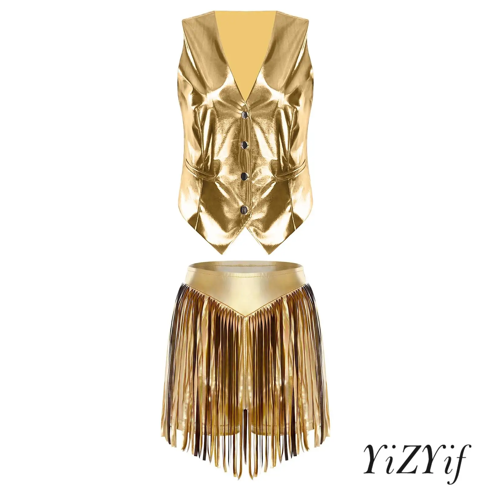 

Womens Iridescent Metallic Club Outfit V Neck Front Button-down Vest And High Waist Fringed Booty Shorts for Jazz Pole Dancewear