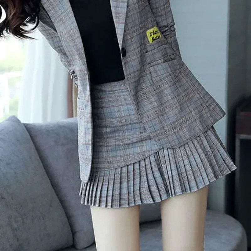 Grey Women\'s Short 2 Sets Summer Suits with Skirts and Blazer 2024 Two Piece Set for Woman Long Sleeve Mini Outfits Jacket Korea