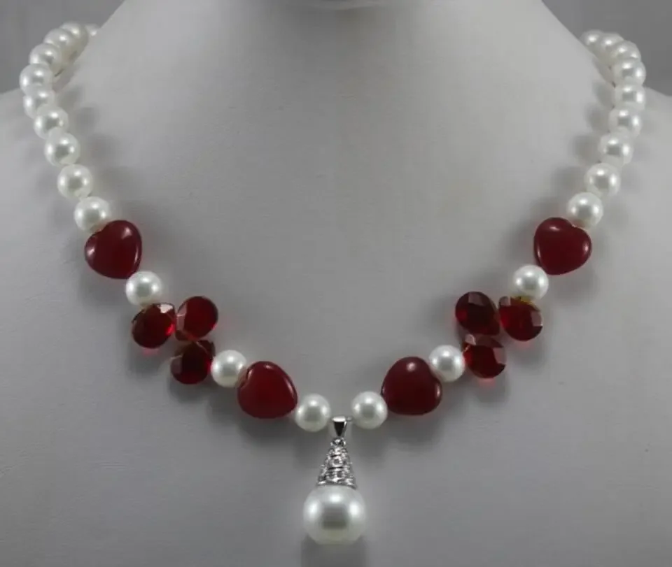 

Fashion design 8mm white shell pearl + Red Heart accessories metal silver plated necklace pendant