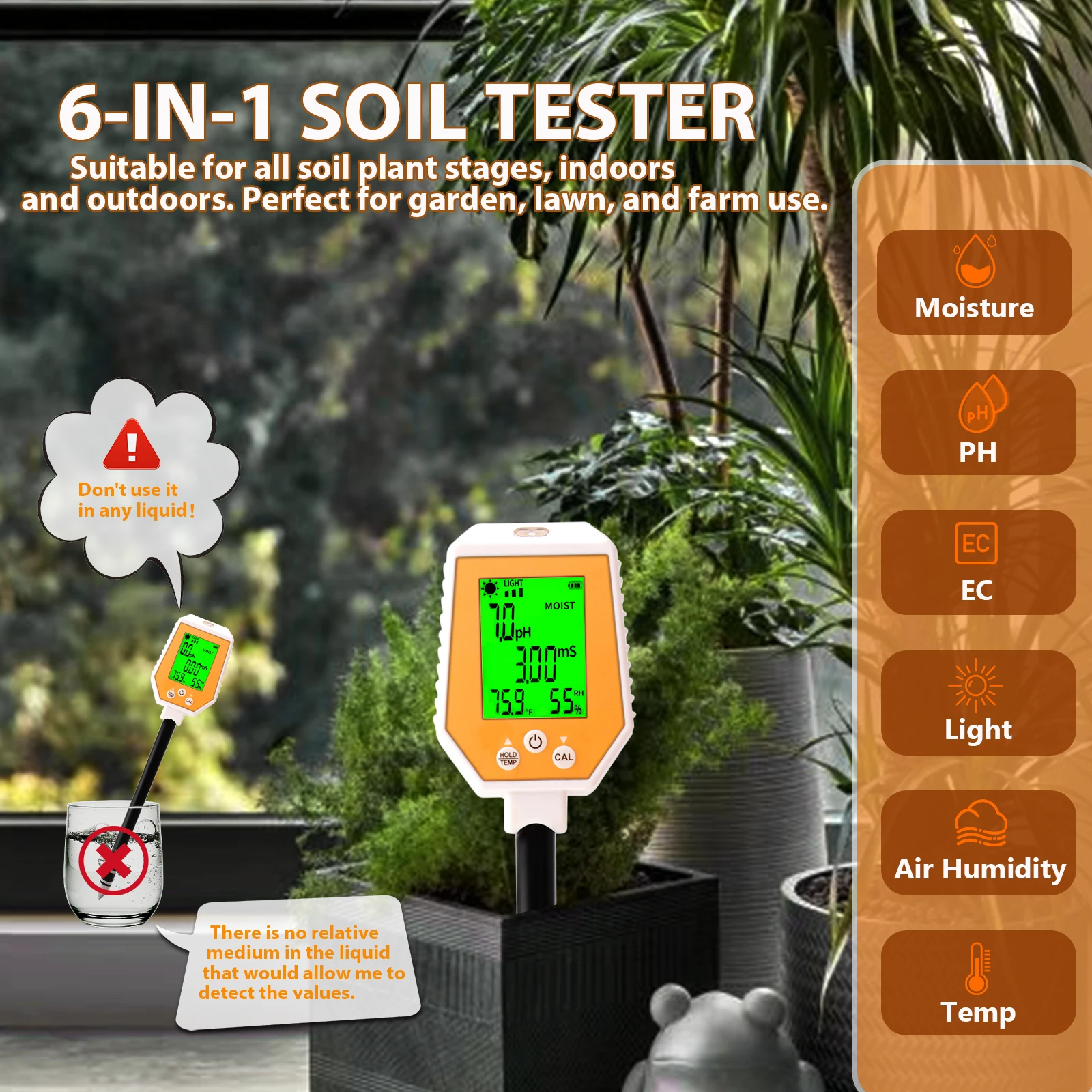 Yieryi 6 in 1 Soil PH Meter Farm Garden Soil Moisture Tester Soil EC Detector Sunlight Intensity Air Humidity Soil Temp Test