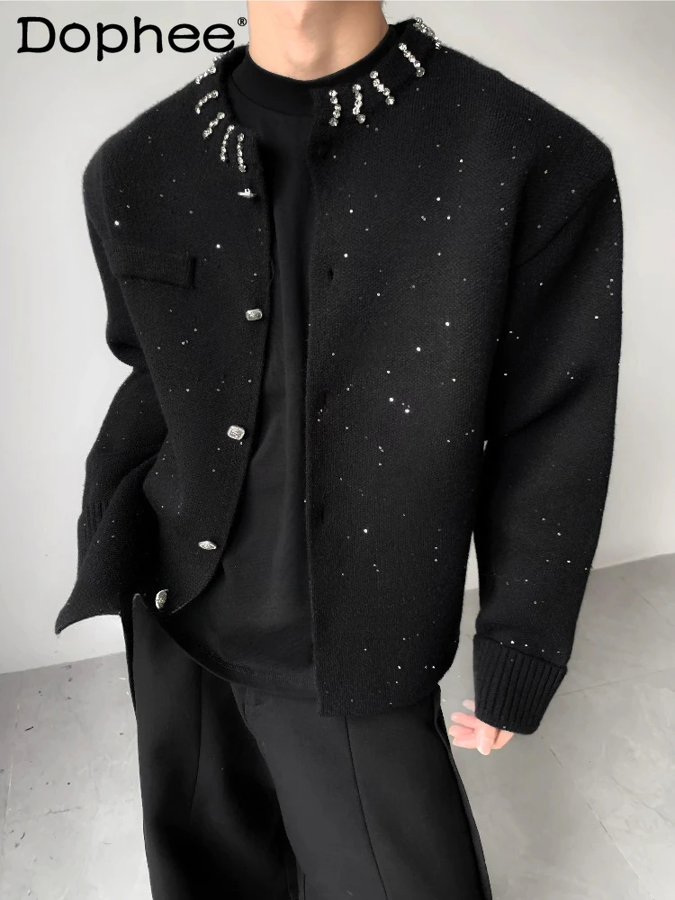 

Men's 2025 Autumn New Light Luxury Fashion Knitted Sweaters Shoulder Pads High-End Small Fragrant Solid Color Cardigan Sweaters