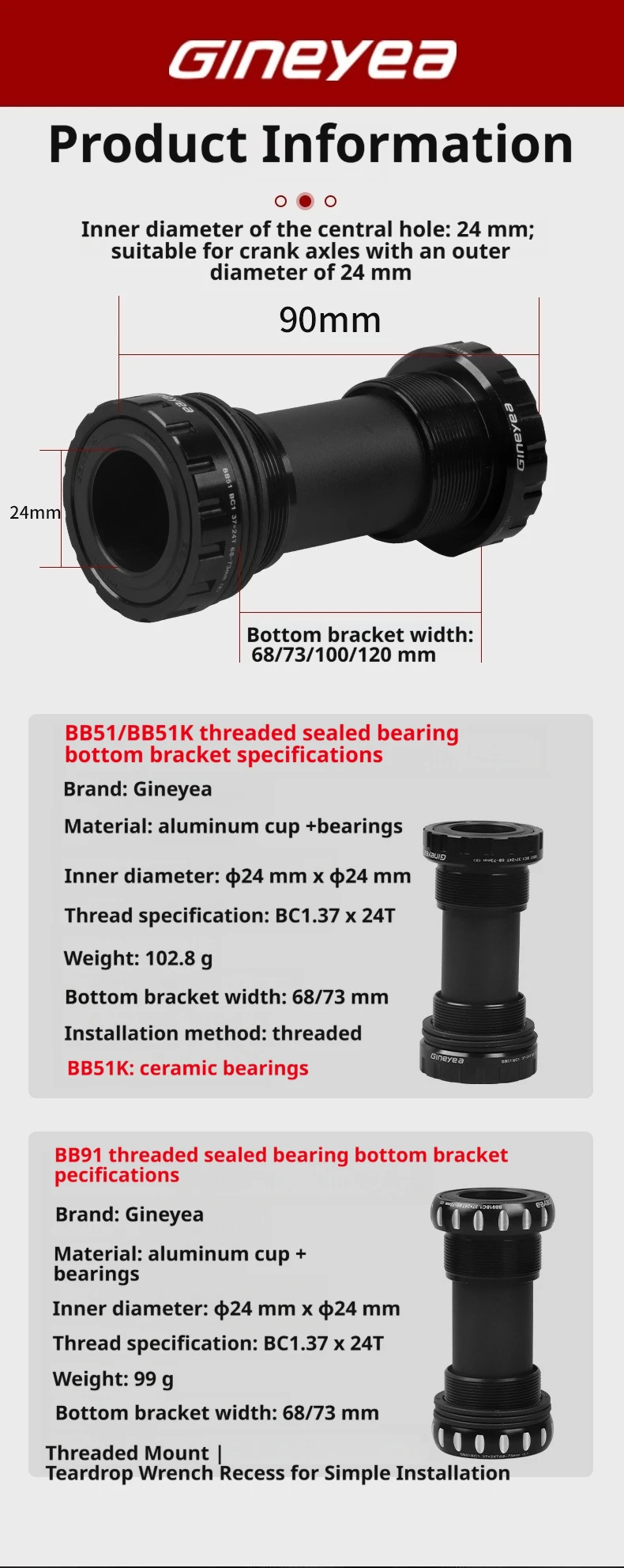 Gineyea BSA Tretlager mit Keramiklager, 24mm 29mm Spindel, 68mm 73mm 100mm 120mm für MTB und Rennräder – Detail 2