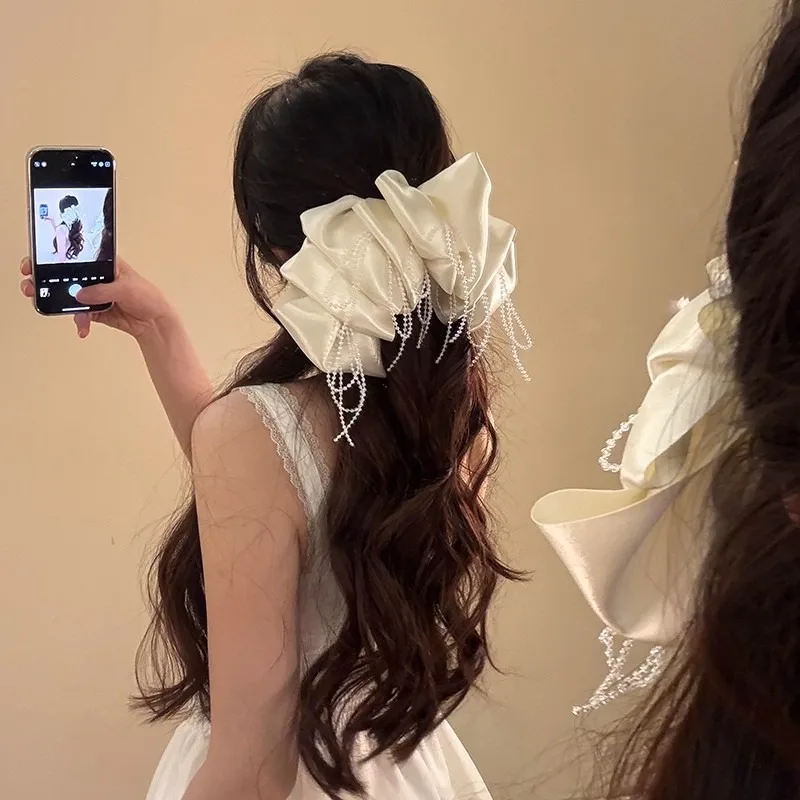 French Elegant Satin Big Bow Top Hair Clip Dainty Pearl Tassel Spring Clip Women Back Head Wedding Bridal Hair Accessories