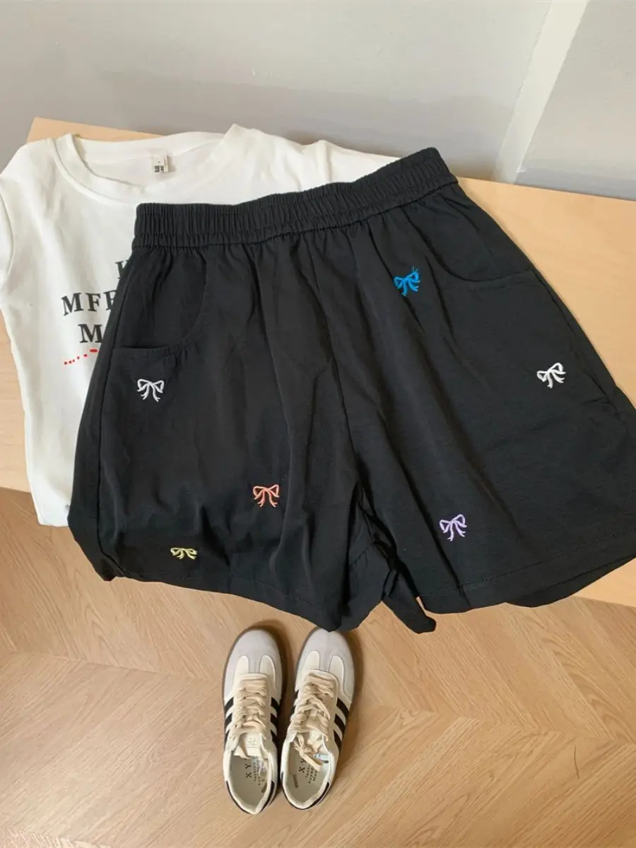 

Ice Silk Embroidered Knot Workwear Shorts Women's Summer Thin Casual Quick Dry Sports Five-Quarter Length Pants