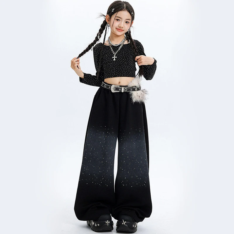 

Kid Kpop Hip Hop Clothing Black Stoned Crop Long Sleeve T Shirt Casual Curved Blade Pants for Girl Street Dance Costumes Clothes